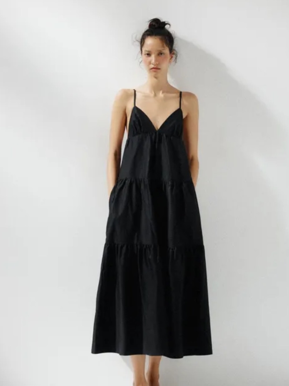 Zara Black Tiered Midi Dress NWT Size M Minimalist Flowy 4772/215